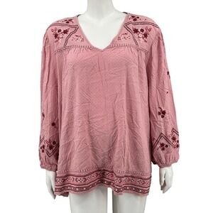 Nurture Westbound Top‎ Womens 3X Pink Floral Embroidered Boho Peasant V-Neck